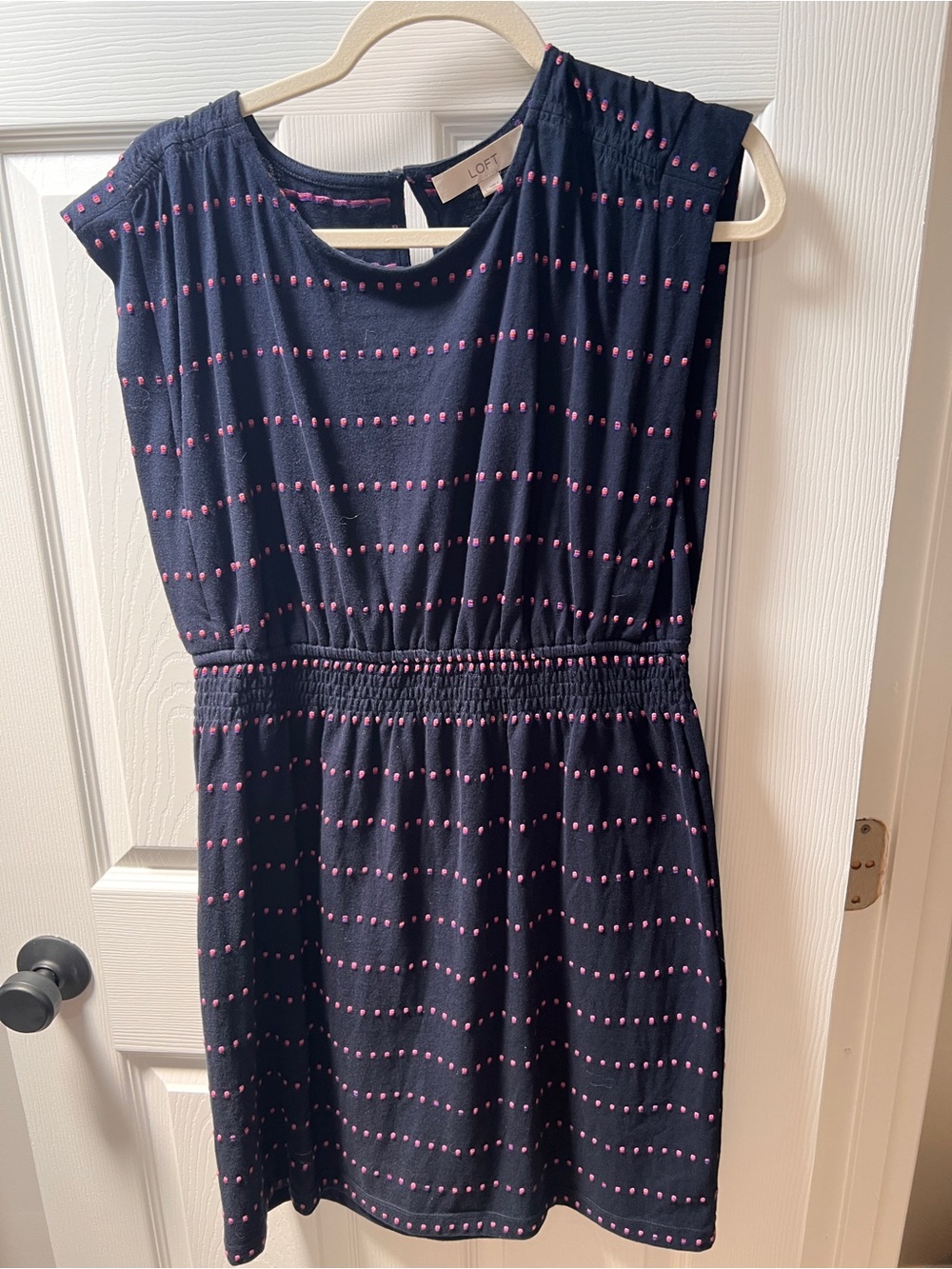 LOFT Navy Dress with Pink and Purple Dot Accents